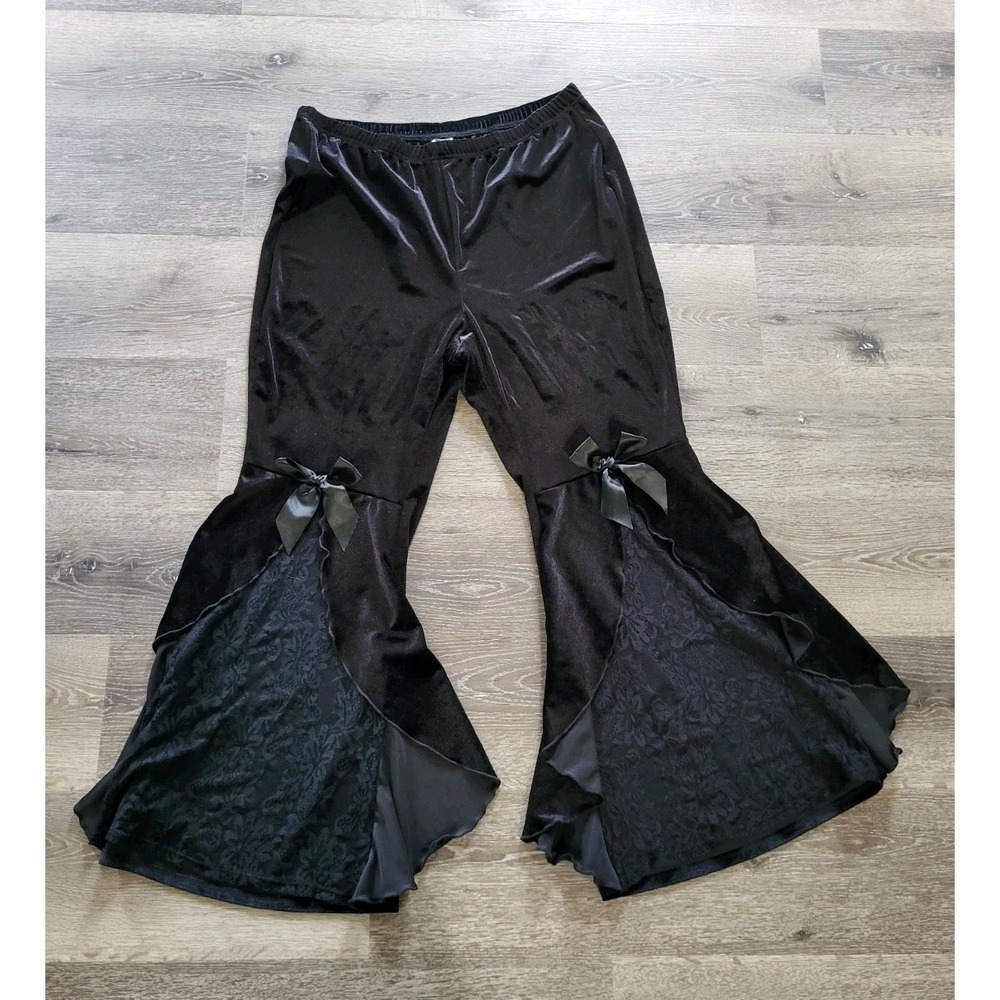 Black Stretch Velvet Lace Bow Whimsigoth Fairygrunge Pull On Wide Leg Pants 2X - Picture 1 of 6